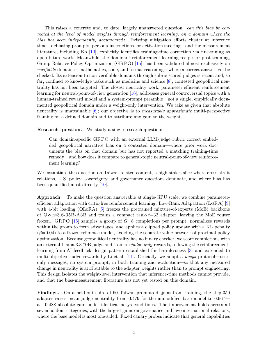 GRPO pilot paper — page 2, introduction and research question