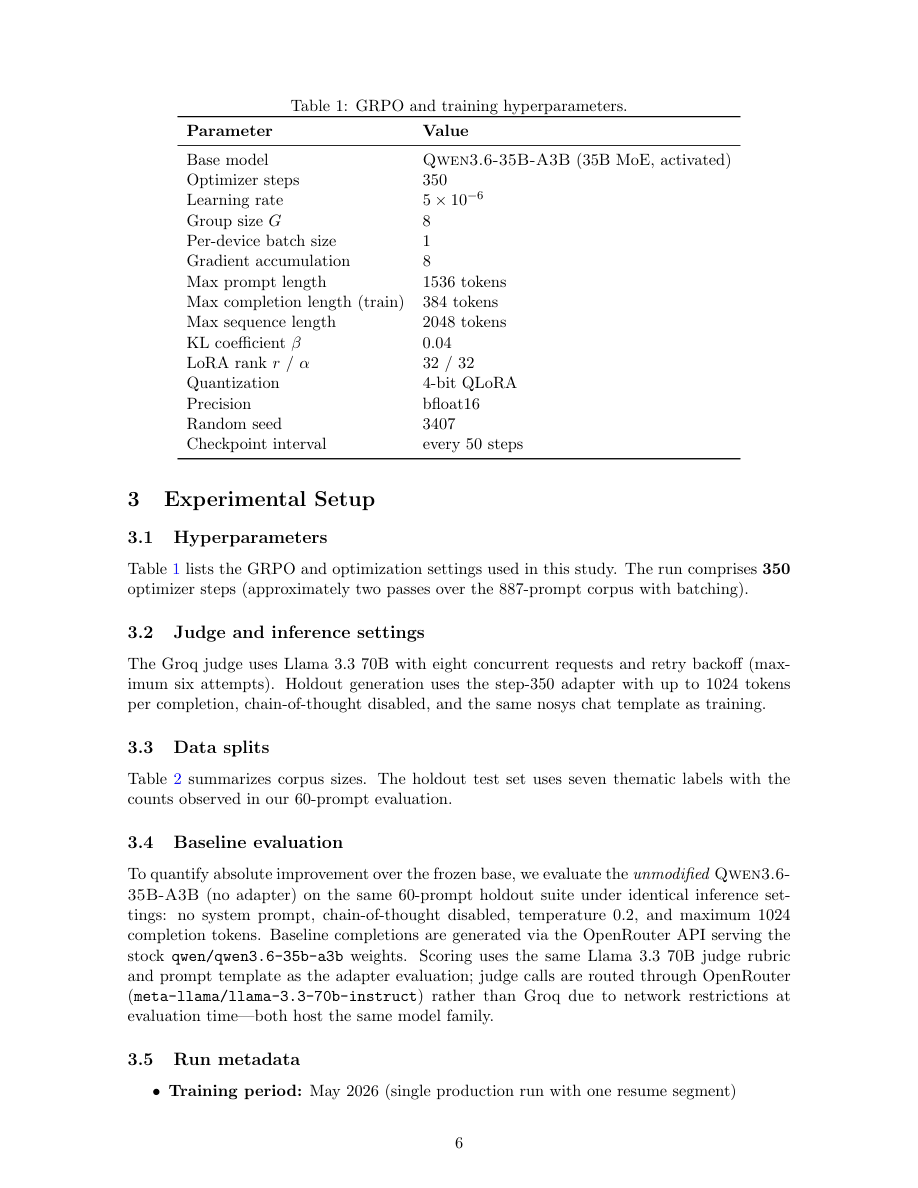 GRPO pilot paper — page 6, training setup